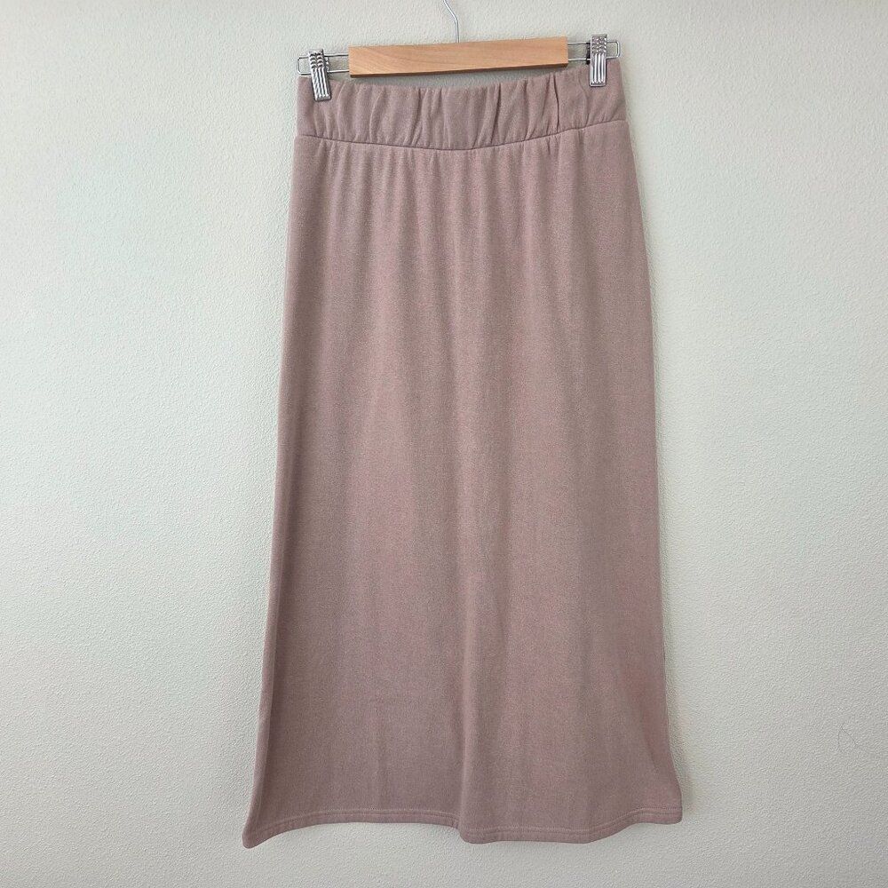 Ivy City Co Midi Skirt Size S Neutral Tan Stretch Knit Cotton Wide Waistband